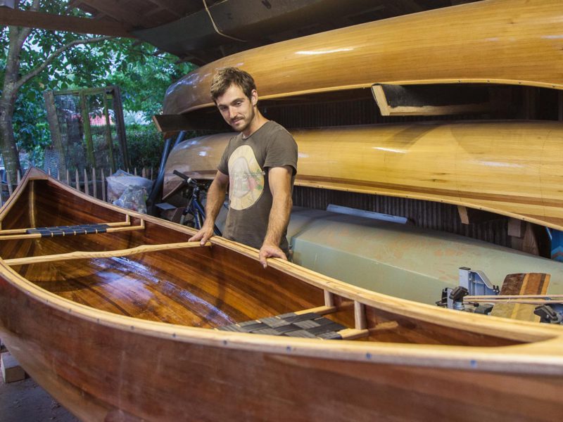 A wood strip canoe in need of revivification